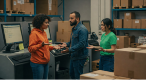 Three people discussing logistics in a warehouse filled with boxes and computer stations.