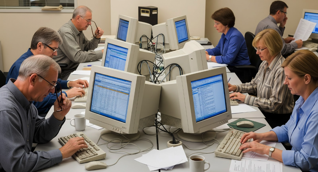 Office workers at computer stations.